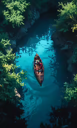 the boat is on the river near rocks