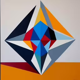 an image of a very nice abstract painting,an abstract, geometric painting with white, blue, yellow and red,an abstract artwork piece on white and orange background,the abstract painting is colorfully designed by many people,a geometric design on a white and orange background