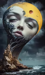 a woman with her face partially closed is shown, in the midst of a night sky with bright lights, and a building that looks like a moon