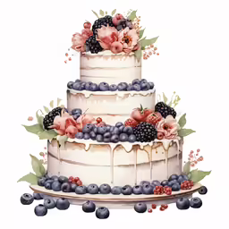 a three layered cake topped with fresh berries and blueberries