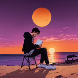 a man is reading on the beach with the sun setting in the background,a man sits on a beach with his book and looks down