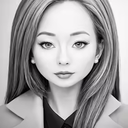 the woman is wearing black and white with her eyes opened