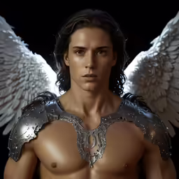 the young man with angel wings is looking at the camera