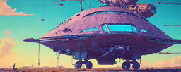 the vehicle is sitting on wheels in the desert,the futuristic building is very large and has a very steep staircase