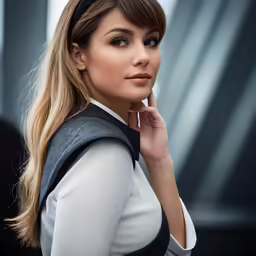 a woman is leaning to the side with her hand in her ear