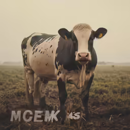 a black and white cow stands in a muddy pasture
