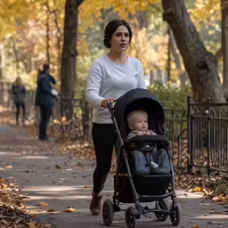 a woman pushing a stroller down a path with a baby