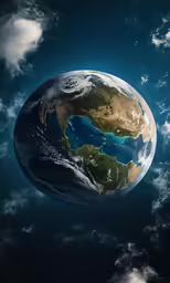 the planet with clouds is seen here in a blue hued image