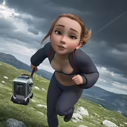 an animated cartoon girl holds a suitcase while running uphill
