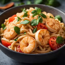 a dish of shrimp, tomatoes and pasta in a grey bowl