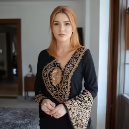 a beautiful red headed woman wearing black and gold