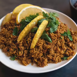 a bowl with rice and lemon wedges on it