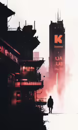 a lone person standing in front of a tall building
