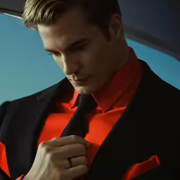 a man in an orange shirt and black suit