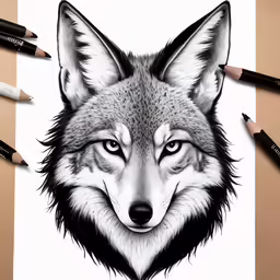 an adult wolf with very bright eyes drawing with colored pencils on a paper