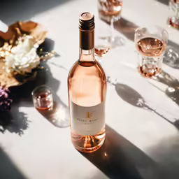 the bottle of pink wine sits on the table