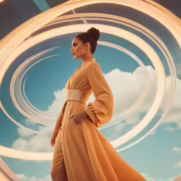 the woman is standing next to a circular art