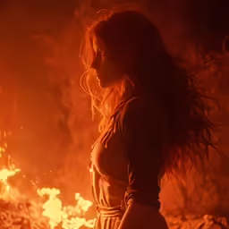 a woman standing in the fire with her hair blowing