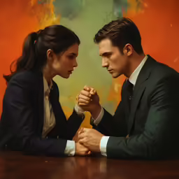 a man and woman sitting together as one holds hands