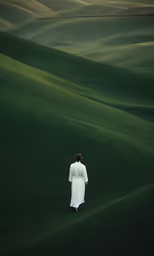 a man walking on the grass looking at the horizon