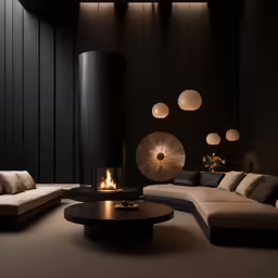 there is a large living room with a large fire place