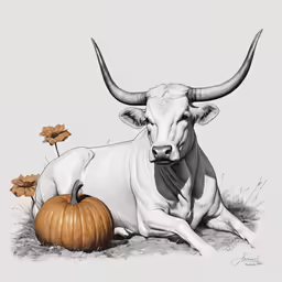 an ox laying in the grass with a pumpkin