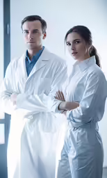 two people in lab coats standing together in the laboratory