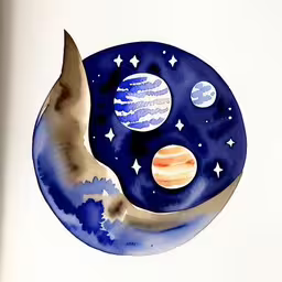 this is a painting of a plate and its moon,the moon and planets are painted in blue and white