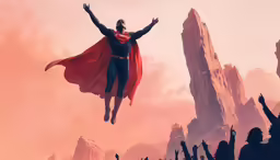 a man dressed as superman leaping in the sky above mountains