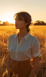 a young woman in a field of wheat at sunset