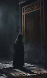woman sitting in front of a doorway at night