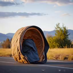 a bag on the side of the road that has been folded down