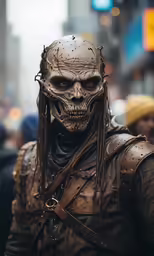 man with dreadlocks in costume in a city