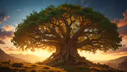 a large tree with green leaves on it,a tree that is next to the ocean