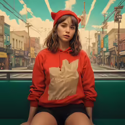 a girl sitting on a green bench in front of a colorful wall