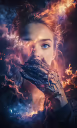 a woman is staring with a strange looking hand on her face