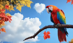 a colorful parrot sits on a branch in autumn