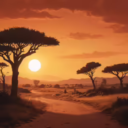 a sunset with trees on the plains and sand