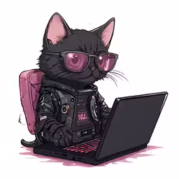 a black cat sitting in front of a laptop