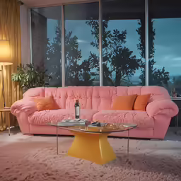 a large window that has a couch, side tables and lamps in it