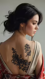 a woman has a black flower on her back