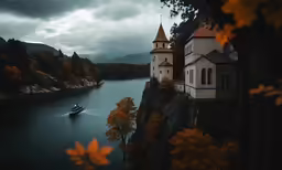 an old castle on a rocky cliff above the lake