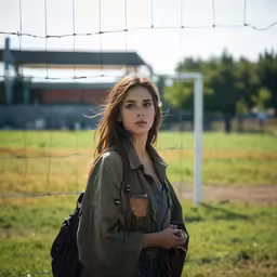 the girl stands in front of the fence with her backpack