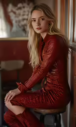 a young woman in red posing at a table