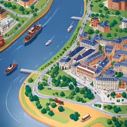 an illustrated map of a city with buildings, bridges, cars and boats