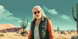 man with grey hair and glasses standing in front of cacti