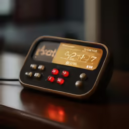 an alarm clock on a table with a red light on it