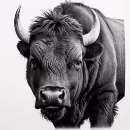 an ox with large horns standing next to each other