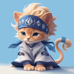 a cartoon cat in an outfit sitting down