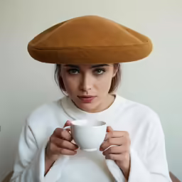 a woman in a white sweater and a brown hat with a mug of coffee